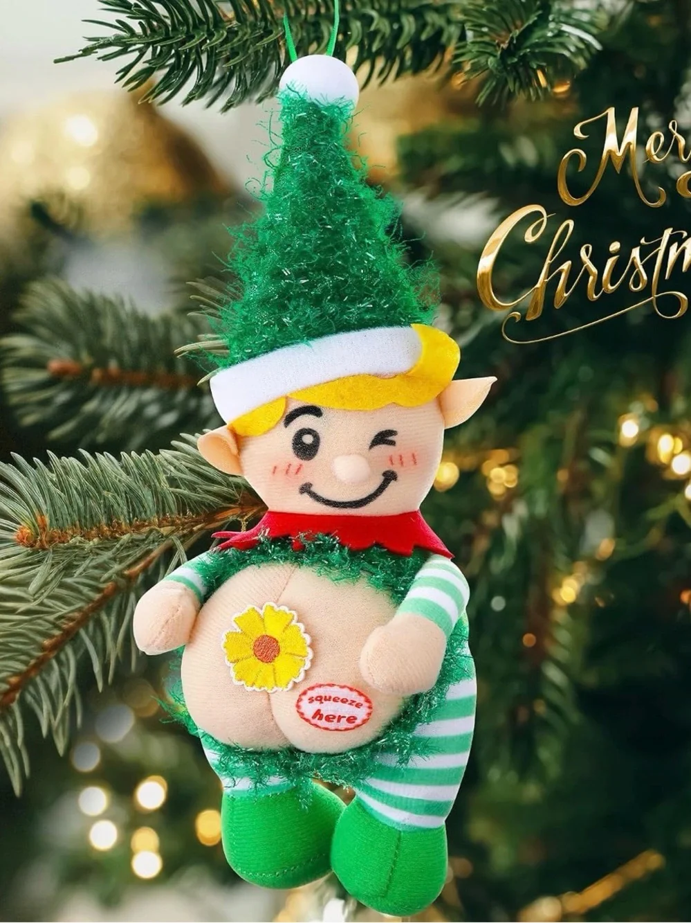 Green Elf Plush Ornament with Yellow Hair and Flower Accent